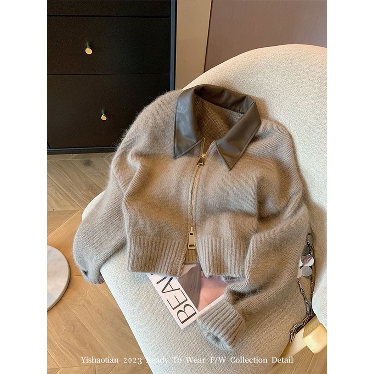 Áo Khoác cardigan Da Dệt Kim Dáng Ngắn Phối Khóa Kéo Đôi Thoải Mái Thời Trang Hàn Quốc 2023 Cho Nữ