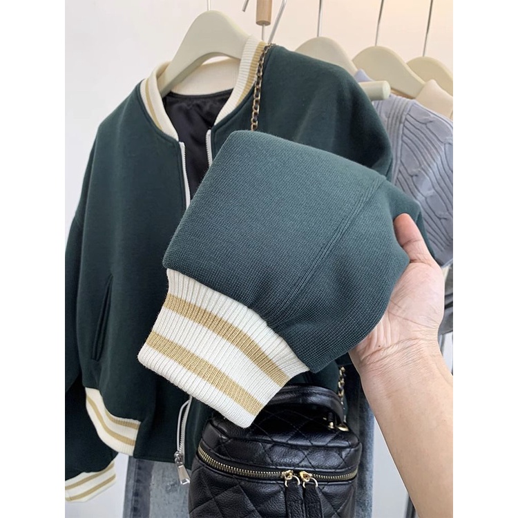 Áo Khoác Bóng Chày Dáng Ngắn Màu Đen Phong Cách retro Cho Nữ