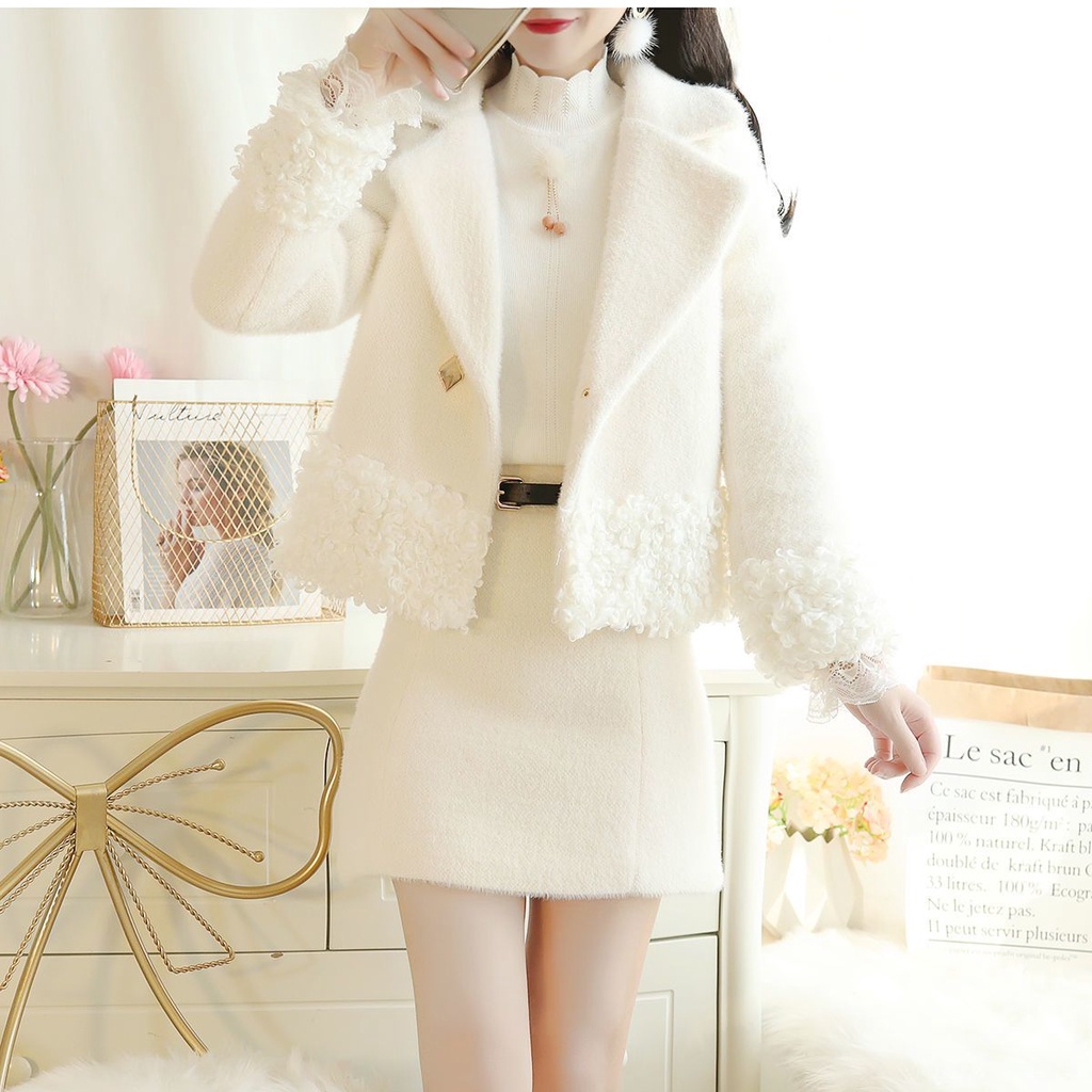 Set Áo Khoác Và Chân Váy Len Thời Trang Thanh Lịch Cho Nữ