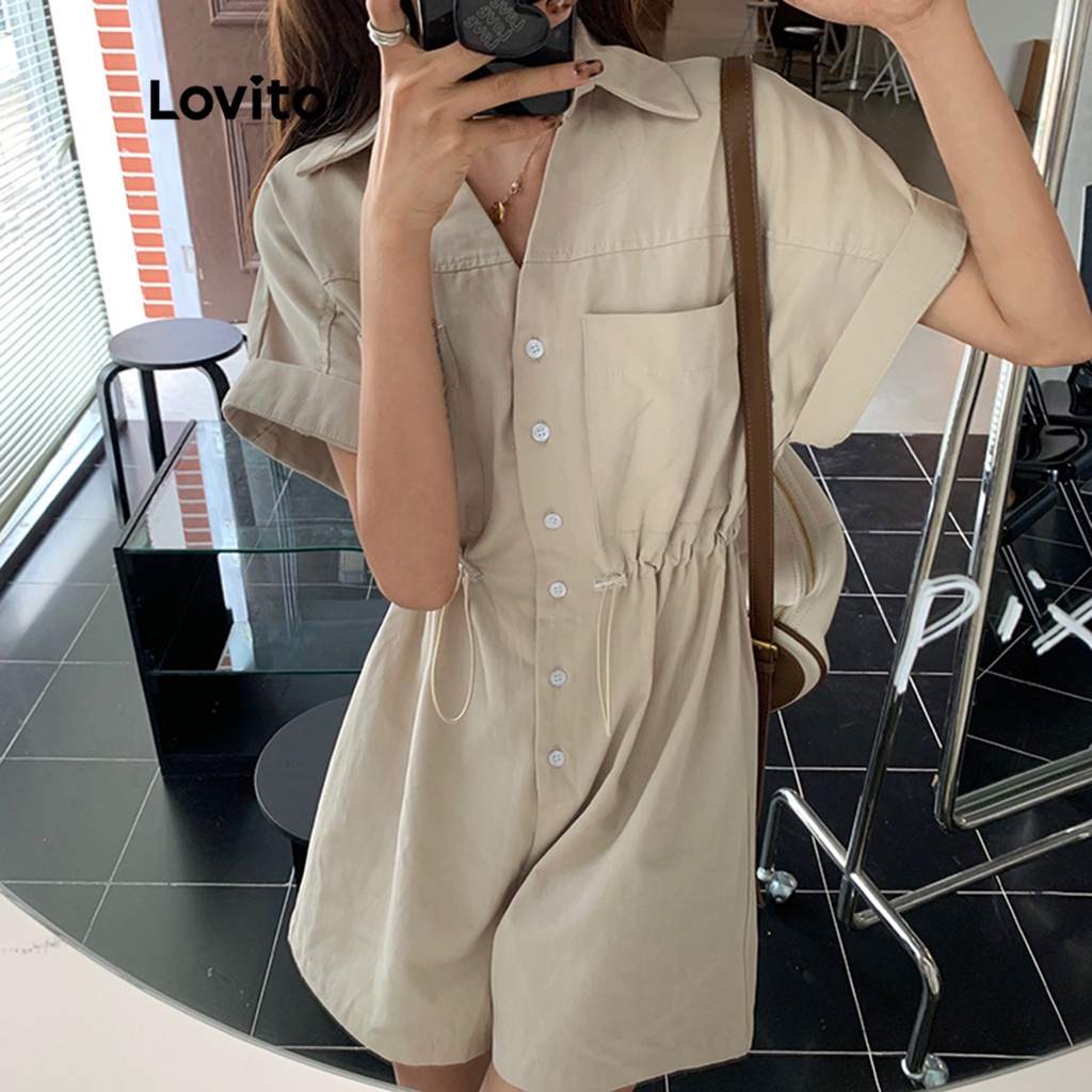 Áo liền quần Lovito phối túi nút trước dây rút màu trơn thường ngày cho nữ LNE05183