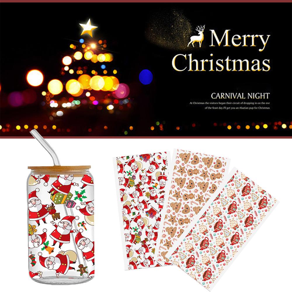Uv dtf Nhãn Dán Giáng Sinh Màu Trong Suốt Chống Thấm Nước Hình Gừng Bí Ngô Hoạt Hình Cho Cốc 16oz r4a8