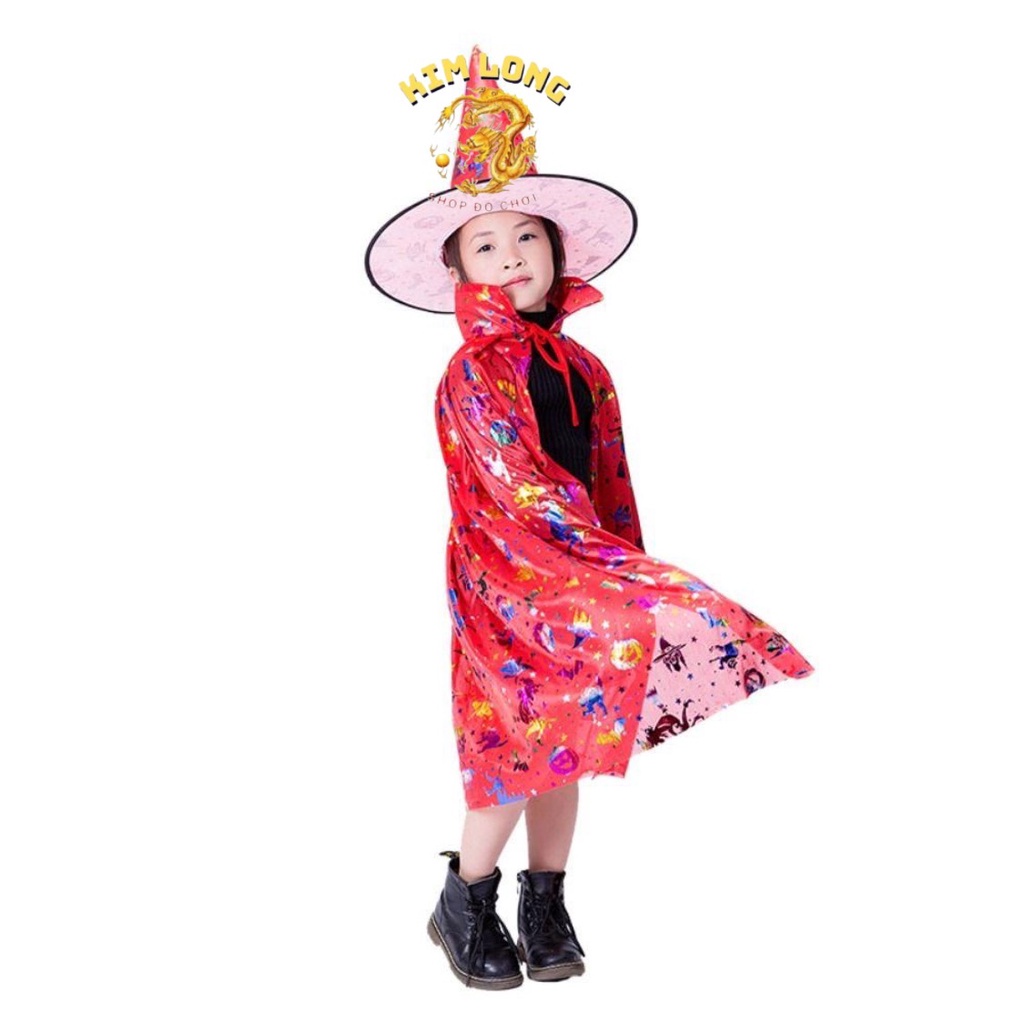 SAN Set Áo Choàng và nón phù thuỷ hoa văn 7 màu loại đẹp trang phục hoá trang cho trẻ em và người lớn lễ hội Halloween