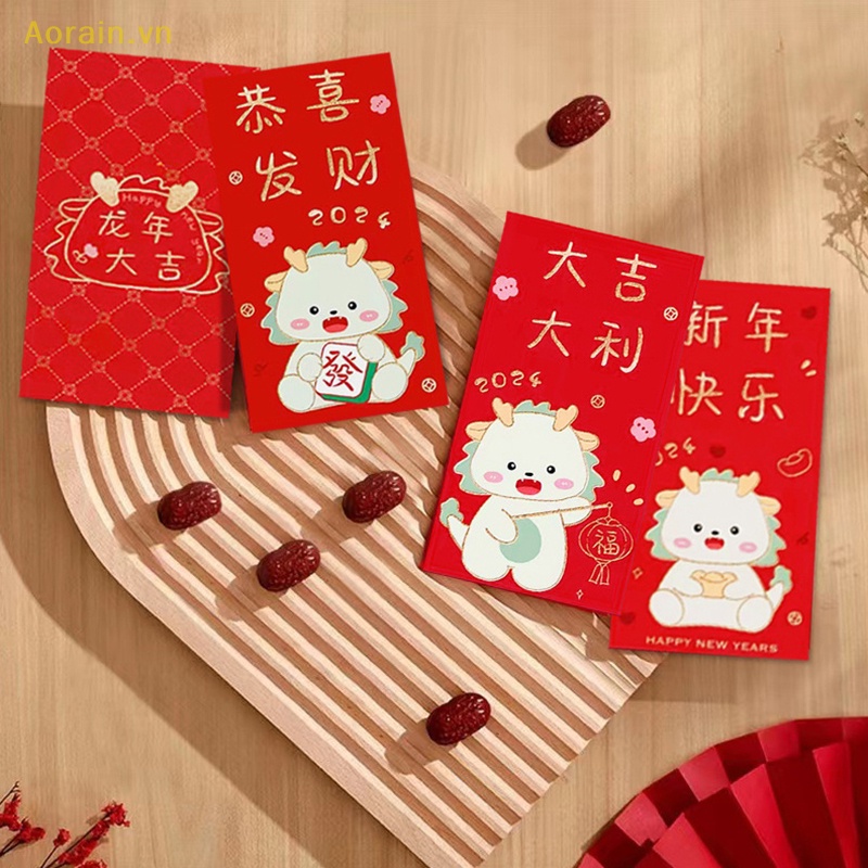 Set 6 Bao Lì Xì Đỏ Hình Rồng May Mắn Trang Trí Năm Mới May Mắn Phong Cách Trung Hoa {cny