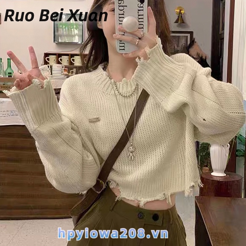 Ruo Beixuan Áo sweater Dệt Kim Tay Dài Dáng Rộng Rách Cá Tính Cho Nữ