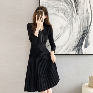 Đầm Dệt Kim Đen Cổ Búp Bê Lưng Cao Thời Trang Thu Đông 2023 Cho Nữ
