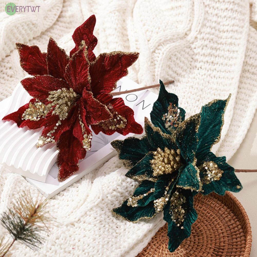 ⭐NEW ⭐28cm Christmas Poinsettia Glitter Flower Hanging Xmas Party Tree Decoration