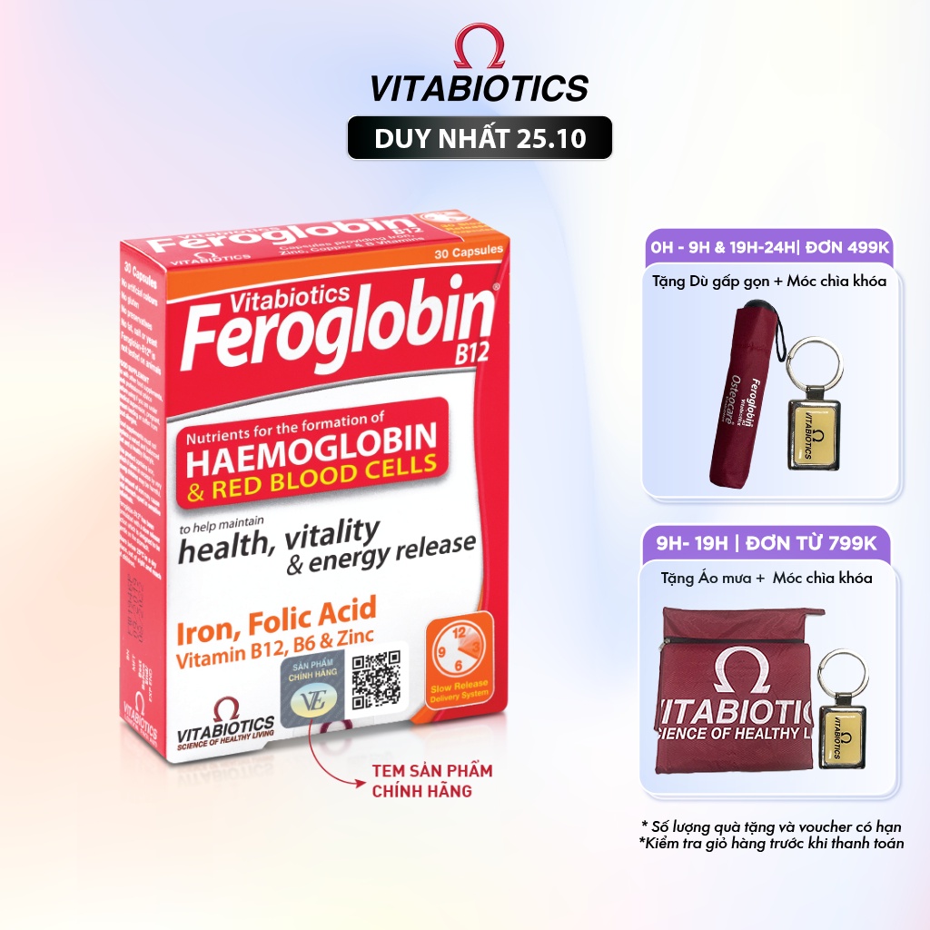 Viên Uống Bổ Máu Vitabiotics FEROGLOBIN B12 Cung Cấp Sắt Hỗ Trợ Tăng Khả Năng Tạo Máu, Nâng Cao Sức Đề Kháng Hộp 30 Viên
