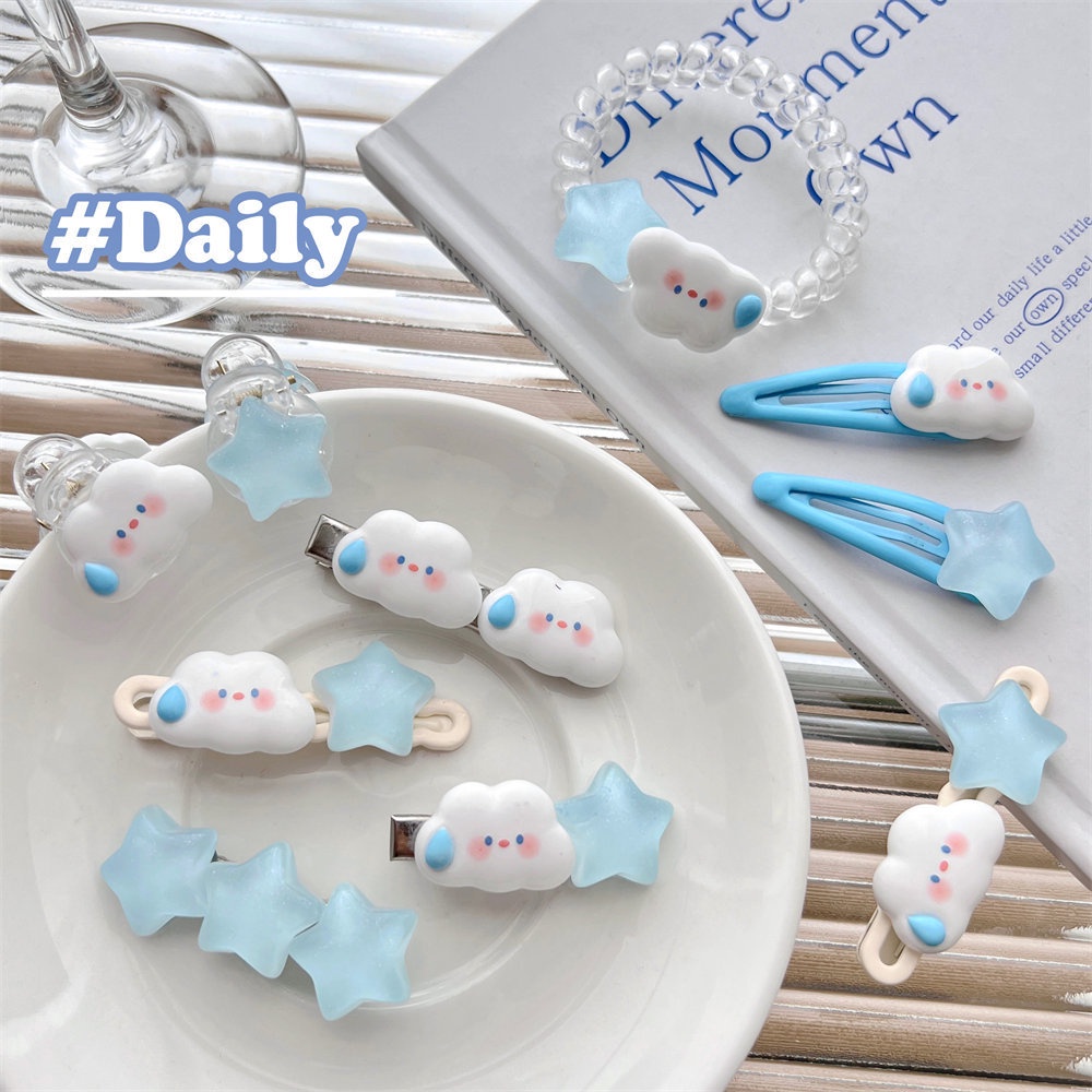 PVN61571 Set 8 Kẹp , 1 Dây Buộc Tóc Hình Đám Mây / Ngôi Sao / Đám Mây Xanh Dương Dễ Thương Cho Bé Gái T2