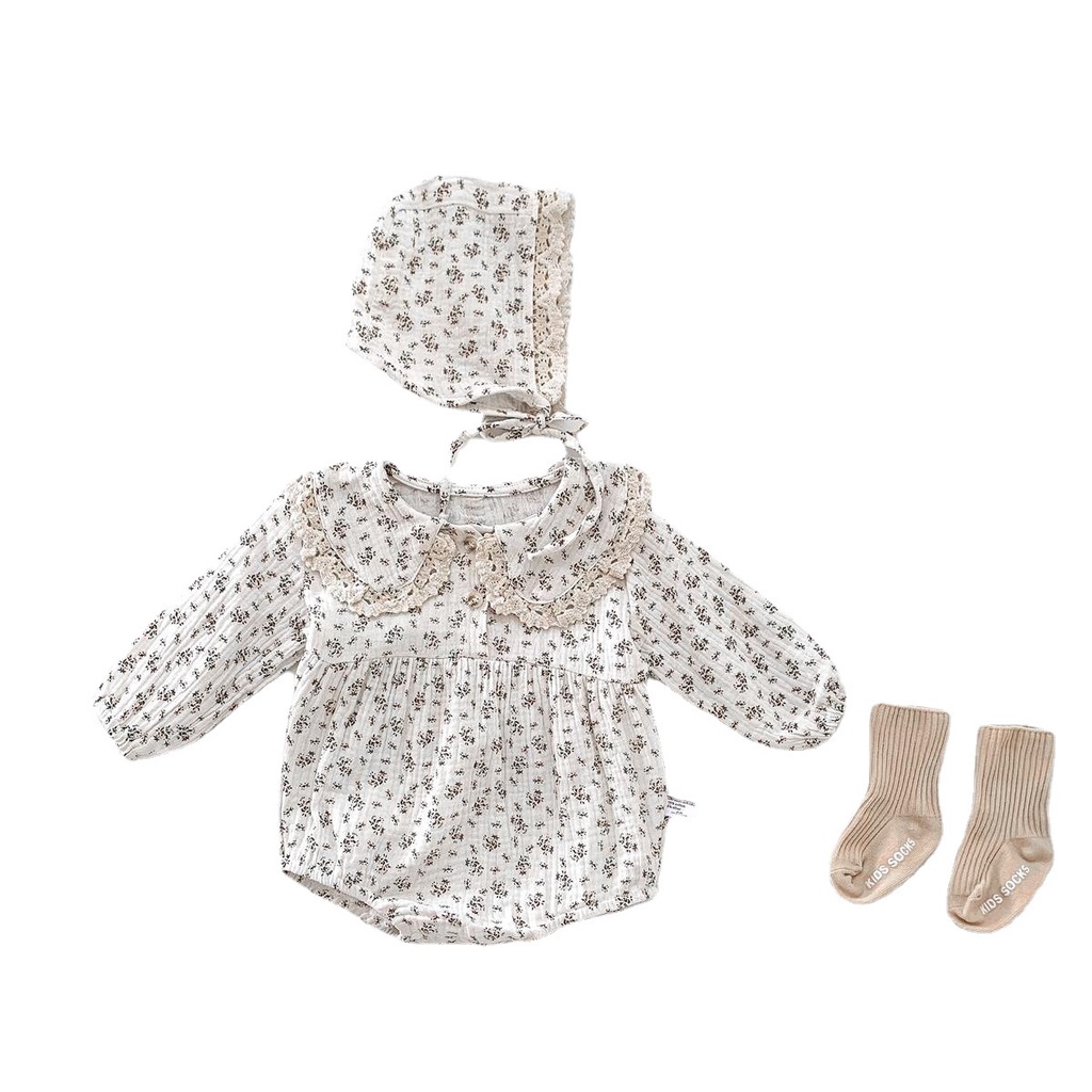 Bộ áo liền quần tay dài cổ búp bê và mũ vải cotton phối ren hoạ tiết bông hoa xinh xắn cho trẻ sơ sinh