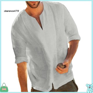 Áo cotton vải lanh dài tay cổ chữ v xẻ tà cho nam clearance479