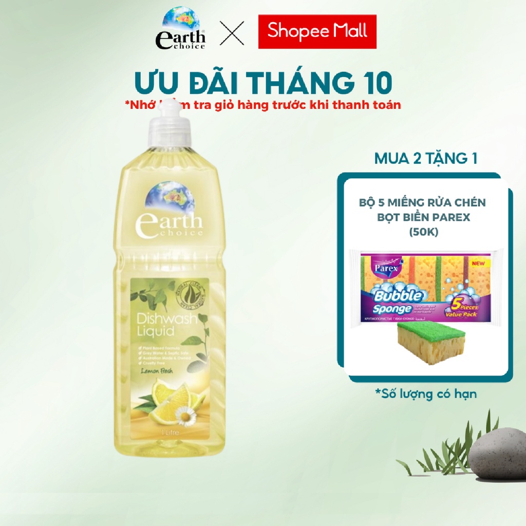 Nước Rửa Chén EARTH CHOICE An Toàn Với Cả Đồ Dùng Ăn Uống Của Bé, Không Khô Da Tay Chiết Xuất Chanh Dung Tích 1L