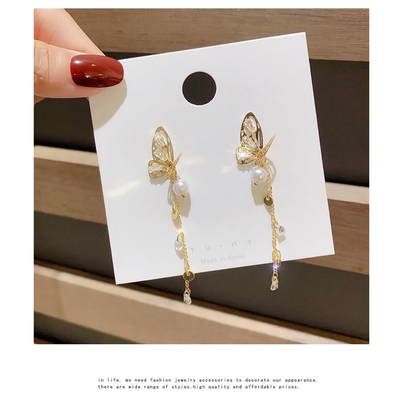 Bông Tai Dáng Dài Hình Bướm Đính Ngọc Trai Thời Trang Cao Cấp Cho Nữ