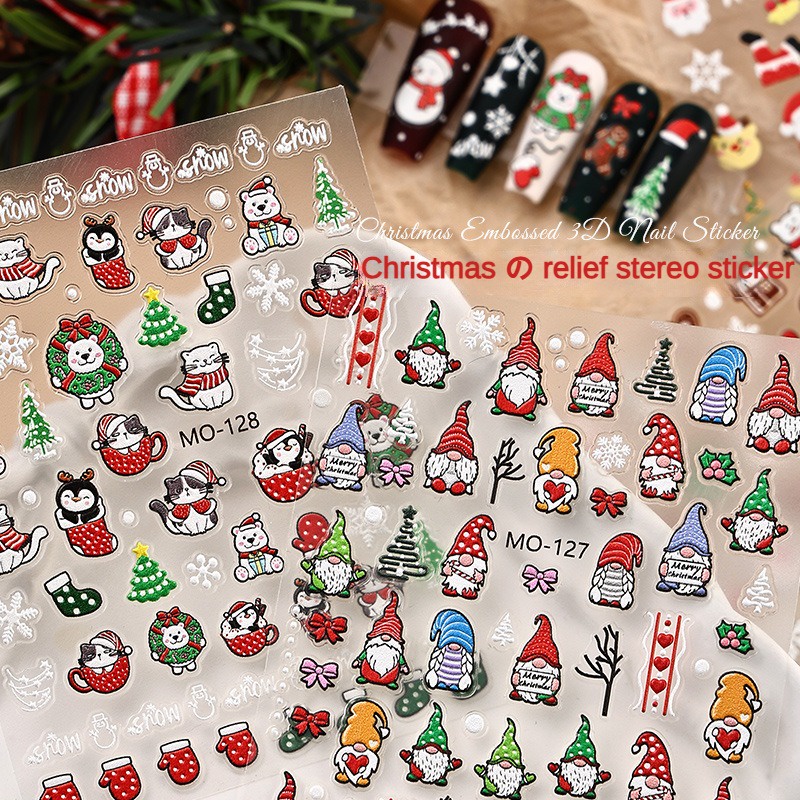 Miếng Dán Trang Trí Móng Tay In Nổi Họa Tiết Hoạt Hình Giáng Sinh  / Miếng Dán Móng Tay 3d Hình Ông Già Noel / Người Tuyết /