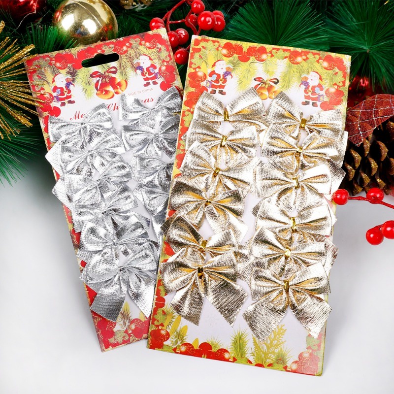 Set 12 Nơ Màu Vàng / Bạc Trang Trí Cây Thông Noel / Giáng Sinh