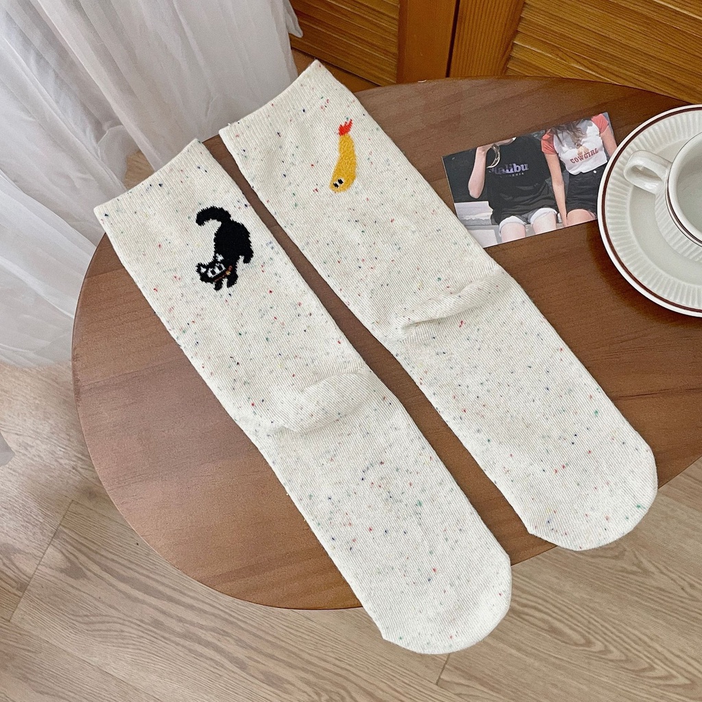 Vớ Màu Trơn Thêu Hình Mèo Ăn Cá Phong Cách Đường Phố Hàn Quốc Dễ Phối Đồ