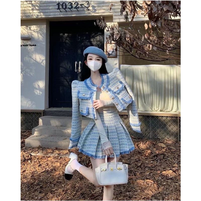 Bộ Áo Khoác + Chân Váy Xếp Ly Lưng Cao Phối Màu Tương Phản Thời Trang Thu Đông Phong Cách Phương Tây