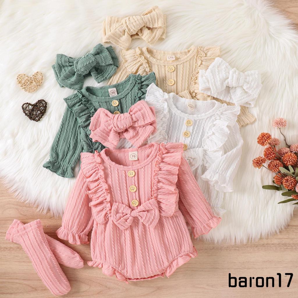 Bộ 3 Món Áo Liền Quần Tay Dài Cài Khuy + Vớ + Băng Đô Cài Tóc Thời Trang Mùa Thu Cho Bé Gái