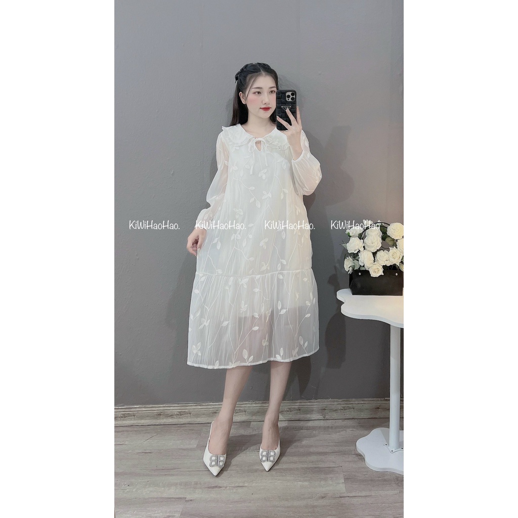 Váy tơ thêu lá cổ sen thời trang