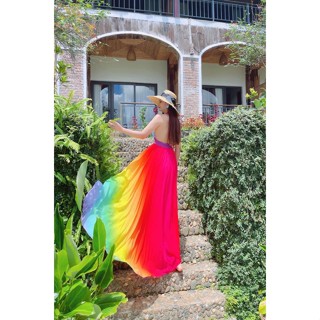  Váy đầm maxi loang màu Ombre thiết kế cổ yếm hở lưng xinh đẹp dáng dài cá tính chụp hình sống ảo bồng bềnh nàng thơ 