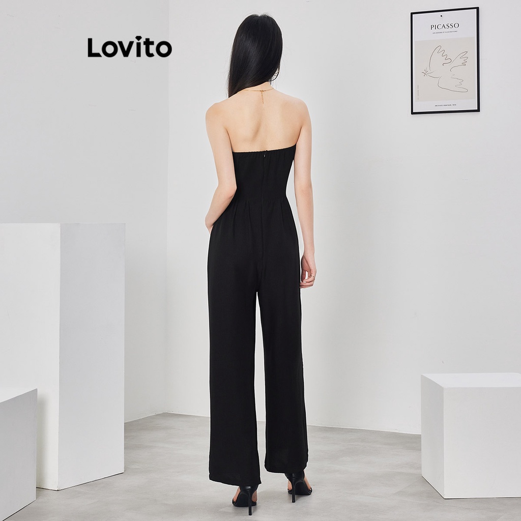 Áo liền quần Lovito phối nút xếp ly màu trơn thường ngày cho nữ L62ED177