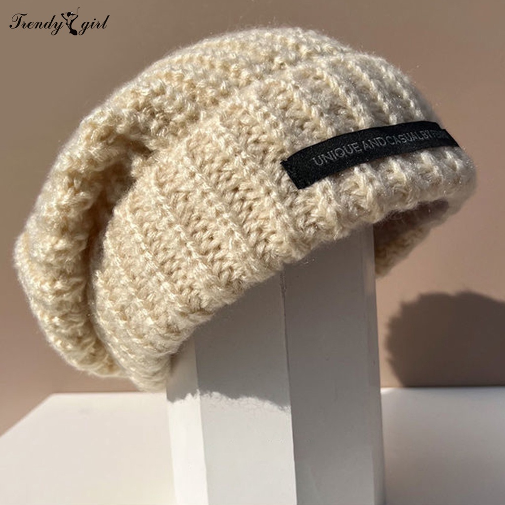 Mũ beanie Dệt Kim Dày Dặn Màu Trơn Giữ Ấm Mùa Đông Phong Cách Nhật Bản Cho Nữ