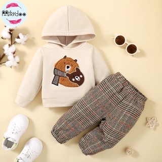 Bộ Áo Hoodie Tay Dài In Hình Gấu + Quần Dài Sọc Caro Bằng Vải cotton polyester Thời Trang Cho Bé Trai 3-24 Tháng Tuổi