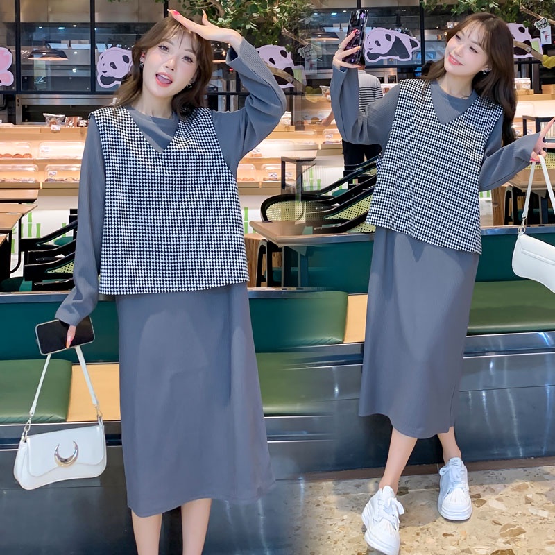 Set Đầm Bầu Dài Tay Họa Tiết Caro + Áo Khoác Ghi Lê Thời Trang