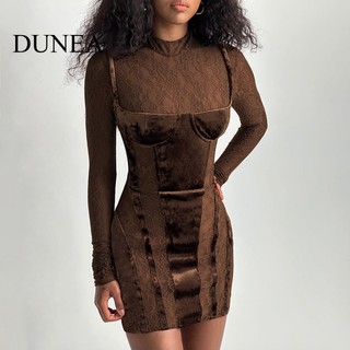 DUNEA Đầm Nữ Dài Tay Cổ Tròn Phối Ren Quyến Rũ