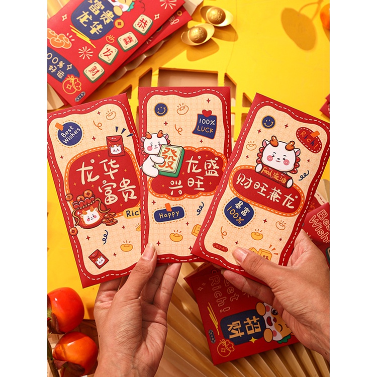 Set 6 Bao Lì Xì Đỏ Họa Tiết Rồng Dễ Thương 2024 cny