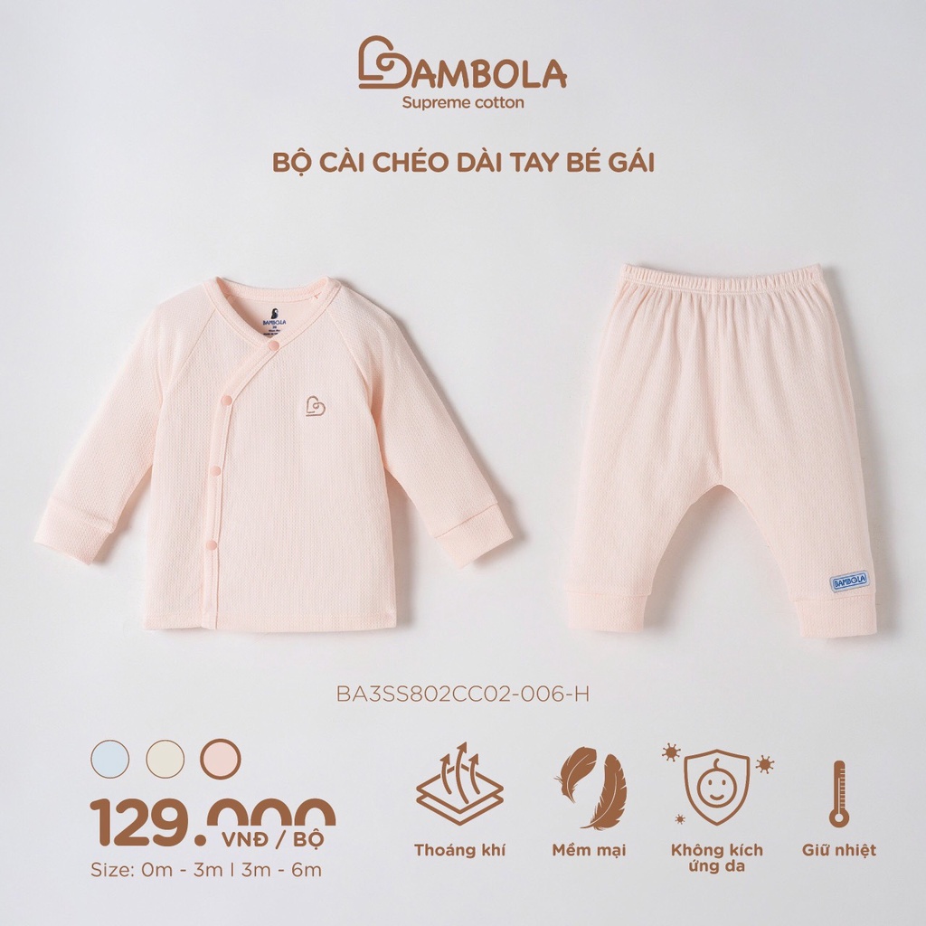BAMBOLA Bộ áo quần dày tay BAMBOLA cài cúc chéo/ cúc giữa chất liệu cotton nu petit cao cấp cho bé yêu từ 0 - 6 tháng
