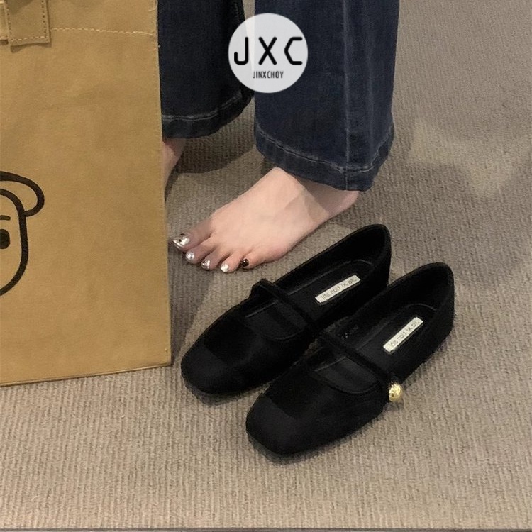 JINxCHOY     Giày Búp Bê Da Lộn Mũi Vuông Đế Thấp Thời Trang retro Cho Nữ