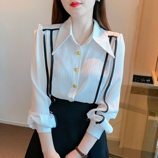 Áo Sơ Mi Tay Dài Dáng Rộng Họa Tiết Kẻ Sọc Thời Trang Công Sở Hàn Quốc Cho Nữ