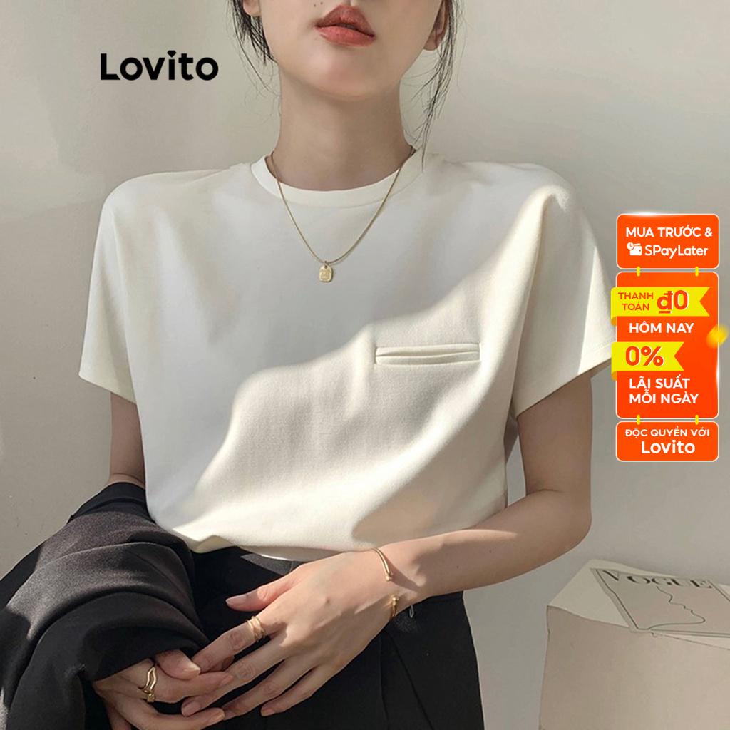 Lovito Áo thun cổ thuyền trơn có túi giản dị cho nữ LNA08148 (Trắng)