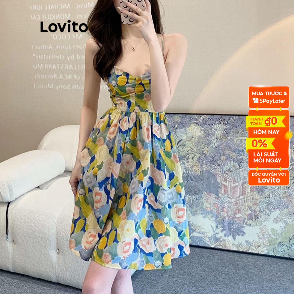 Đầm sát nách Lovito dáng chữ A buộc sau lưng họa tiết hoa thanh lịch cho nữ LNE12150 (màu xanh lam)