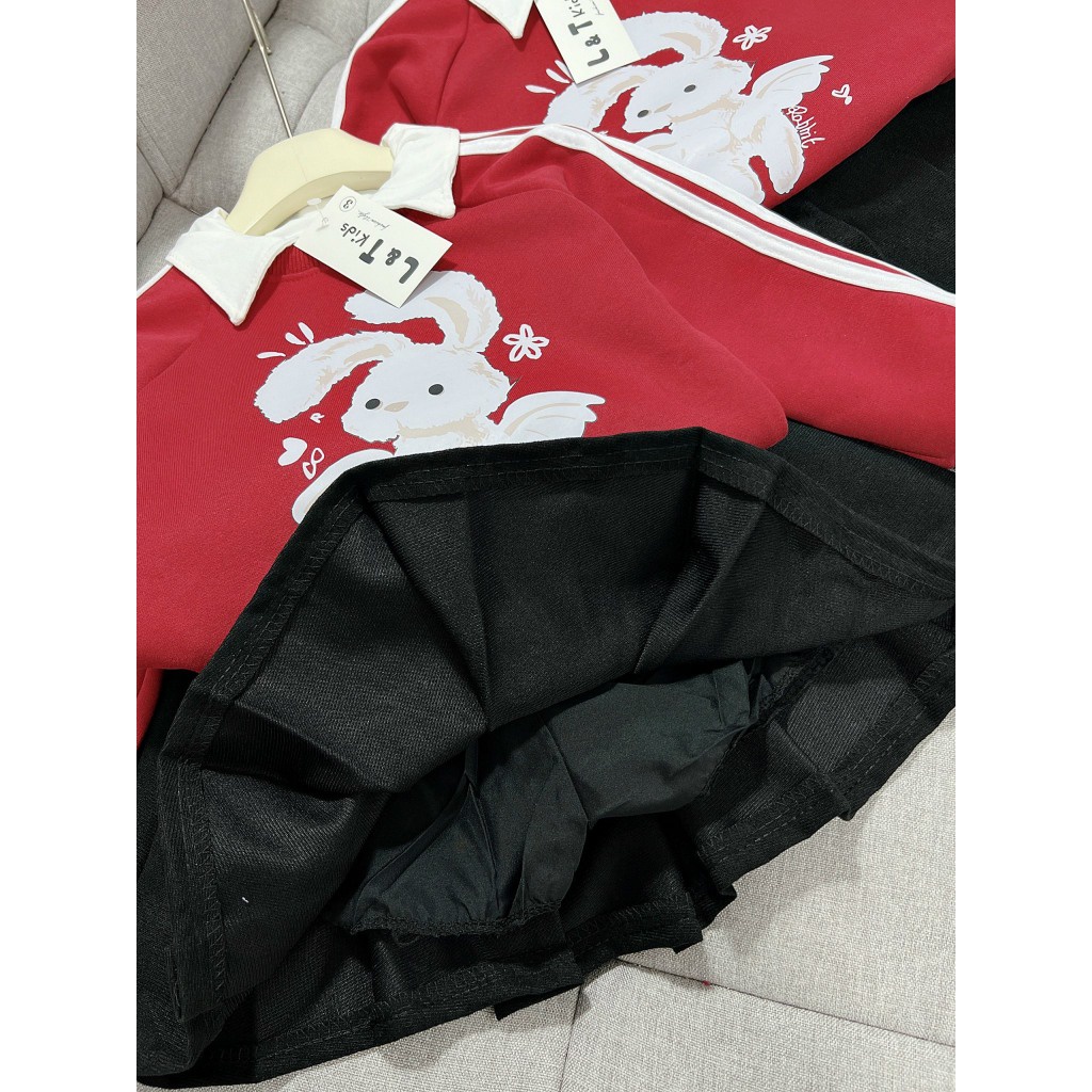 Seồ Set đồ bé gái Áo nỉ ép đẹp phối cổ sơ mi + chân váy có lót quần vải Nhung chéo phong cách Hàn quốc sành điệu cho bé