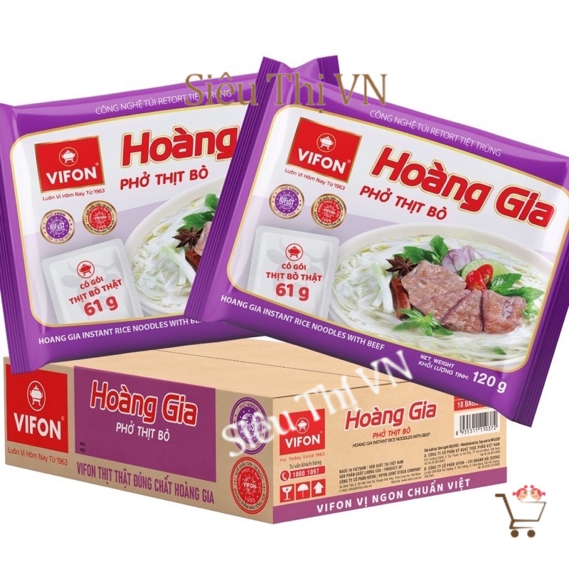 Thùng Phở thịt gà/bò gói có thịt thật, bánh đa cua vifon hoàng gia thịt thật (18 gói x 120g) date mớ