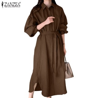 Zanzea Đầm Dáng Rộng Xẻ Tà Phối Thắt Lưng Thời Trang Hàn Quốc Cho Nữ