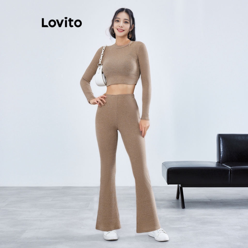 Set quần LOVITO ống loe cơ bản màu trơn thường ngày cho nữ LBE01072 (Màu kaki)