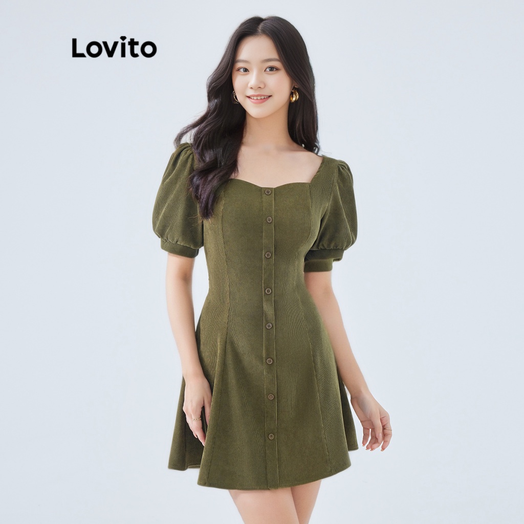 Đầm mini Lovito dáng chữ A tay ngắn nút trước màu trơn vintage cho nữ L49ED109 (màu xanh lá đậm)