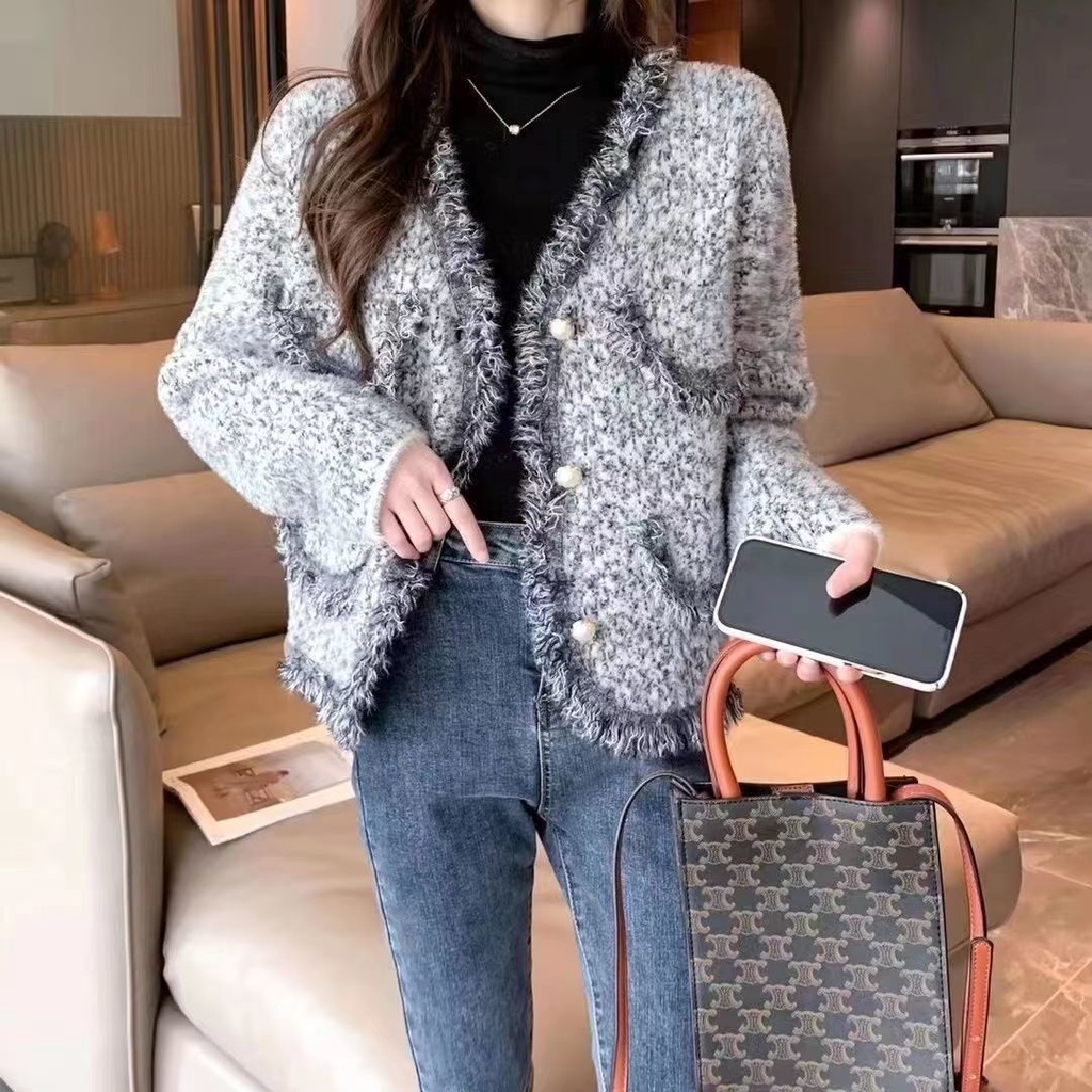 áo khoác dạ tweed nữ dáng ngắn bigsize croptop dáng dài lông hàn quốc dài big size dáng ngắn áo khoác dạ tweed áo dạ tweed Áo Khoác Cardigan Dệt Kim Tay Dài Cổ Chữ V Phong Cách Mới 2022 Cho Nữ