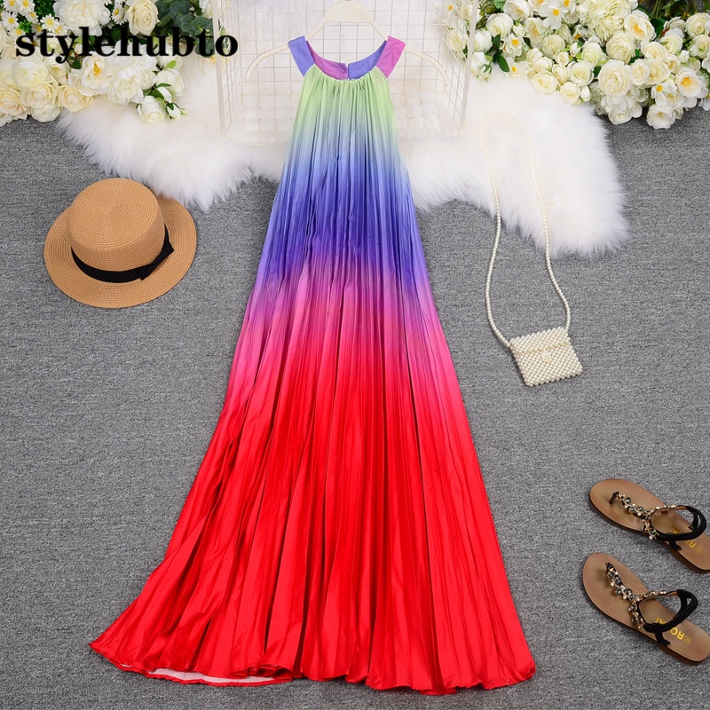 Đầm Dáng Rộng Cổ Tròn Màu Cầu Vồng Xếp Ly Thời Trang Du Lịch qj007 # 2023