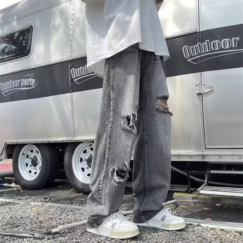 Quần Jean Ống Rộng Rách Gối Phong Cách Hip Hop Đường Phố Mỹ