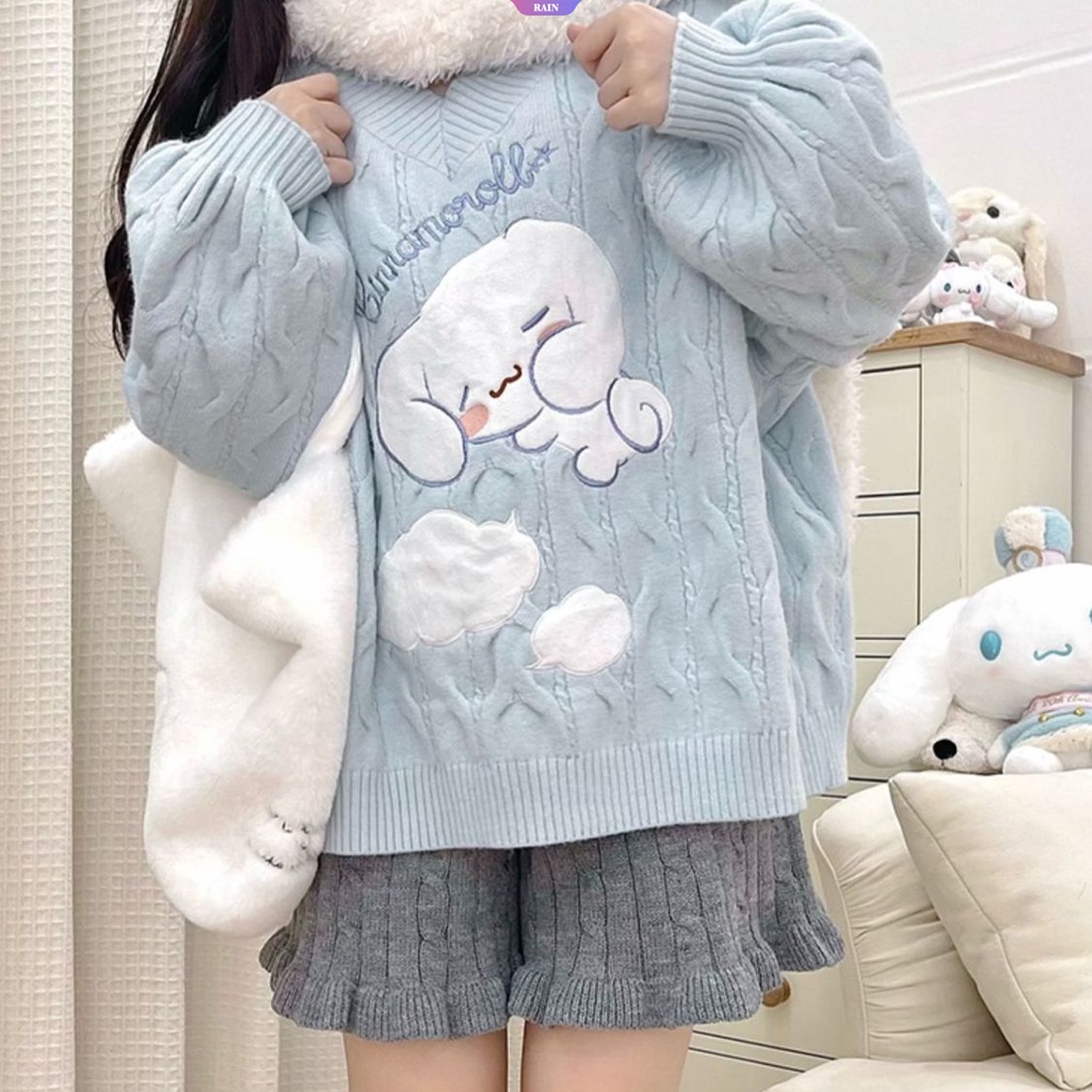 Áo sweater Dệt Kim Tay Dài Dáng Rộng Cổ Chữ v Thêu Hoạt Hình sanrio cinnamoroll Phong Cách Nhật Bản Thời Trang Xuân Thu Cho Nữ y2k