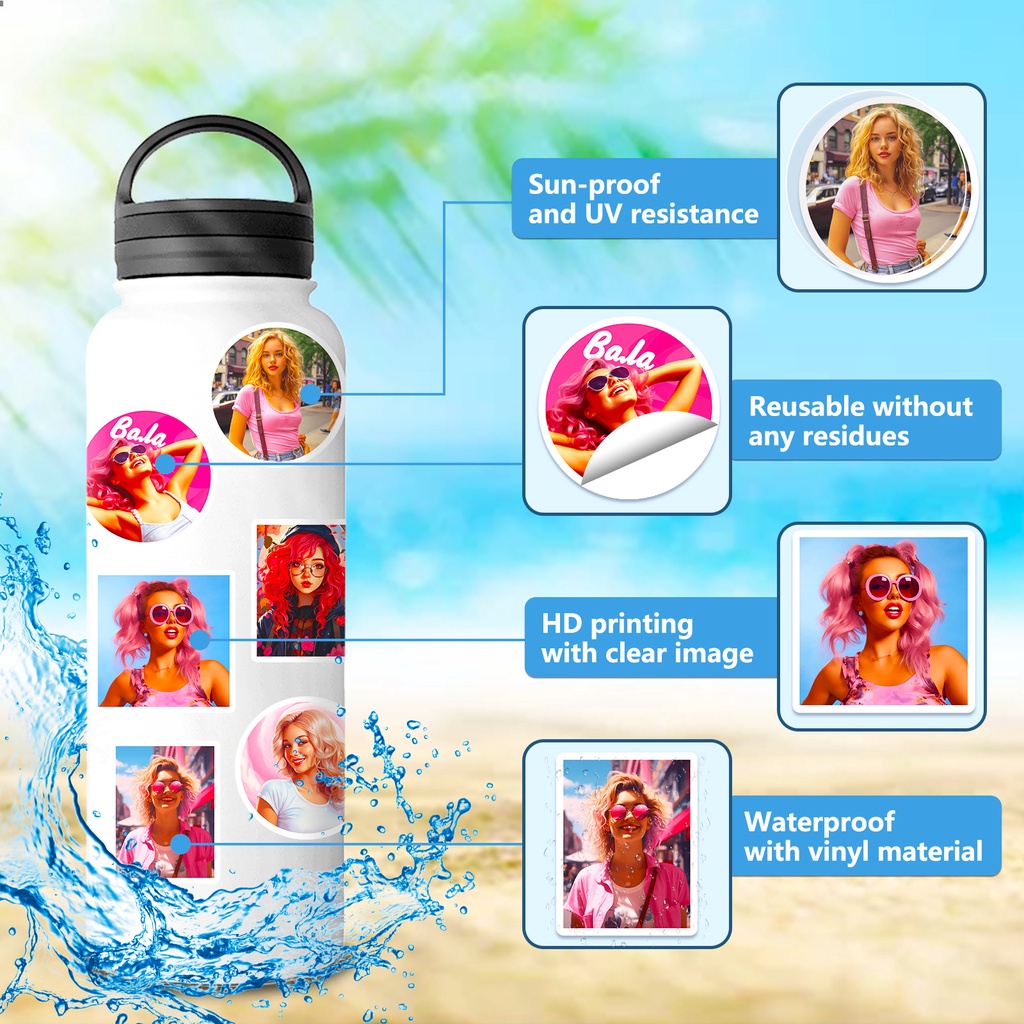 Set 60 / 50 Sticker Dán Trang Trí Mũ Bảo Hiểm Xe Đạp Hình barbie Màu Hồng graffiti