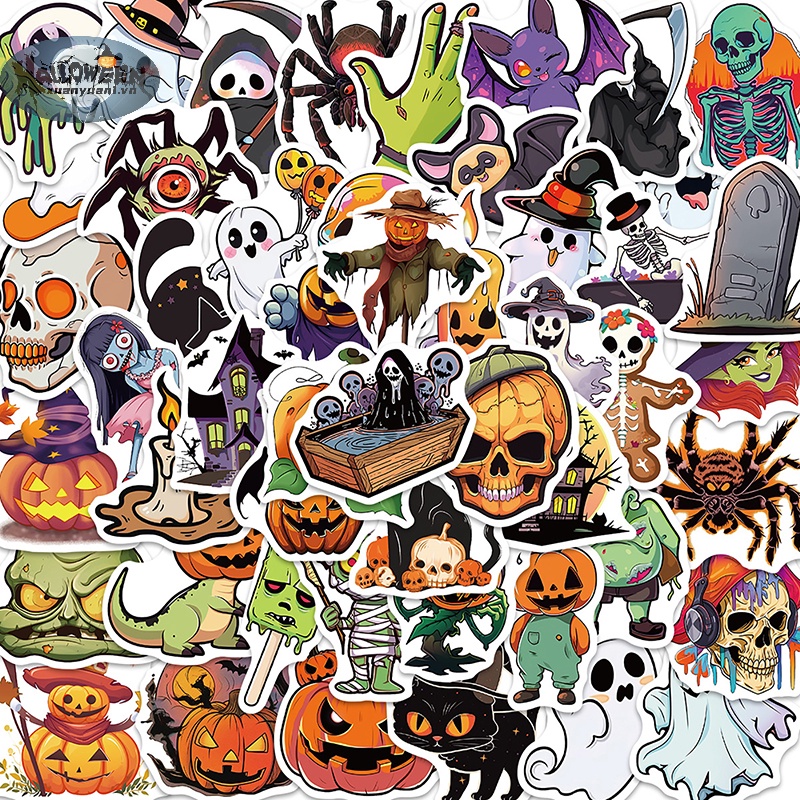 Set 50 Miếng Dán Trang Trí Xe Hơi / Vali / laptop / Điện Thoại / Sổ Tay diy Họa Tiết halloween