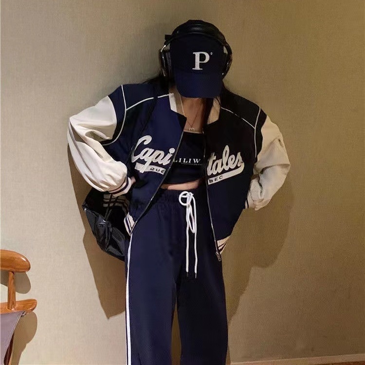 Áo Khoác Bóng Chày Tay Dài Dáng Rộng In Chữ cozok Màu Sắc Tương Phản Có Khóa Kéo Phong Cách vintage