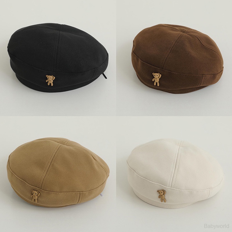 Mũ beret Màu Trơn In Họa Tiết Gấu Hoạt Hình Phong Cách Hàn Quốc Cho Bé Gái