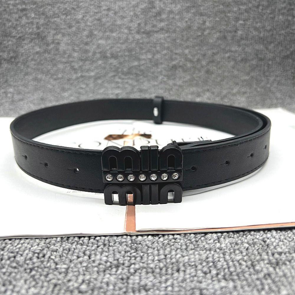 Thắt Lưng Da pu Khóa Kim Loại Tròn Khắc Chữ miu y2k Đính Đá Kiểu vintage