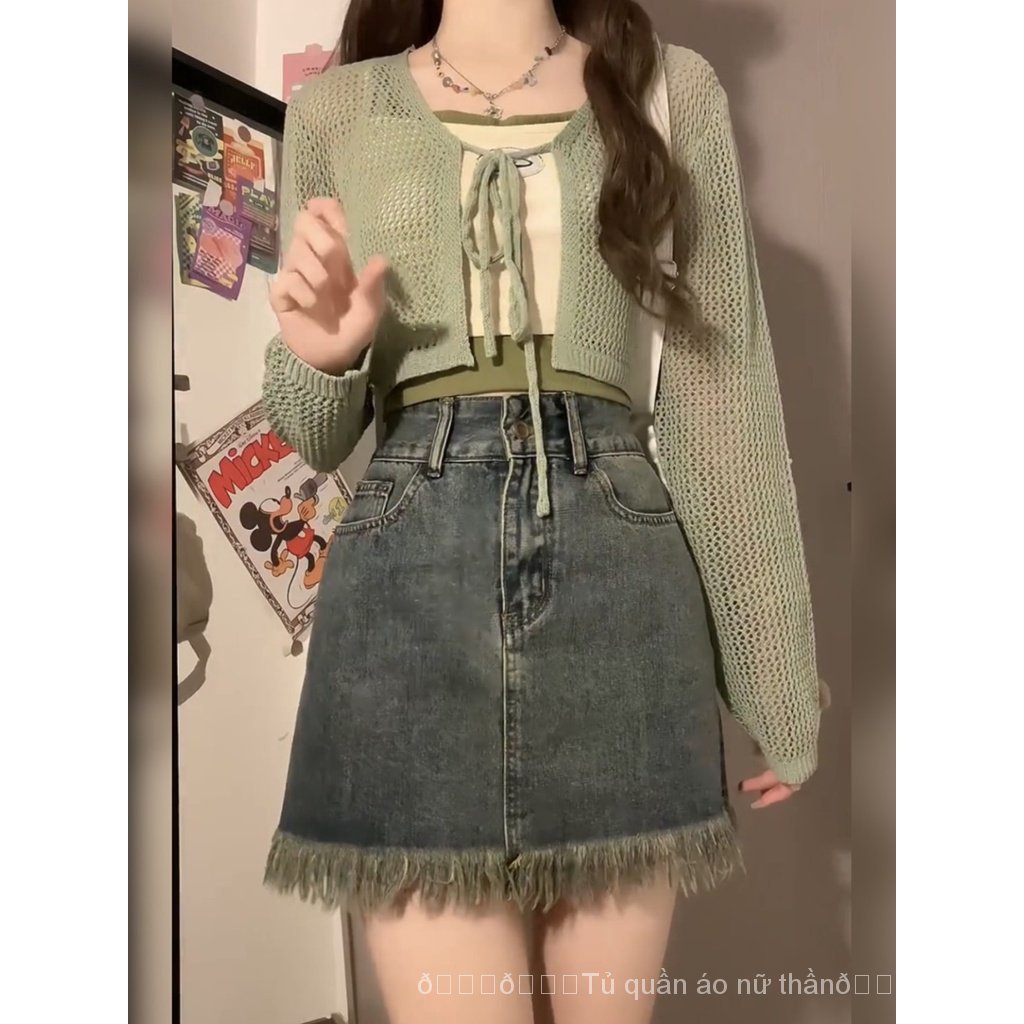 Set Áo Khoác cardigan Và Chân Váy denim Phong Cách Hàn Quốc 2023 Mới