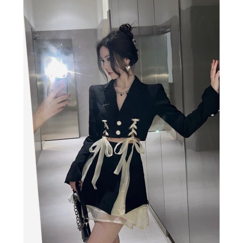 Bộ Áo Vest Thắt Nơ Phối Chân Váy Lưới Ruy Băng Thời Trang Mùa Thu Cho Nữ